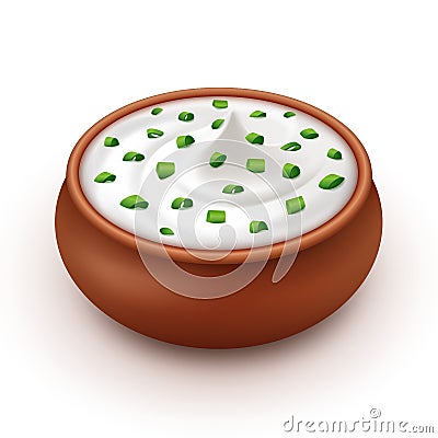 Ceramic Pot of Sour Cream Sauce Tartar Mayonnaise with Chopped Green Onion Close up on White Background Vector Illustration