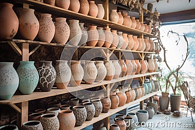 ceramic pots drying on wooden racks before firing Stock Photo