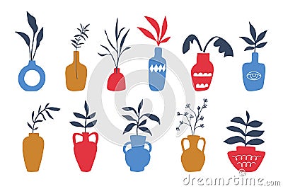 Ceramic pots and greek clay vases with different decorative plant branches set Vector Illustration