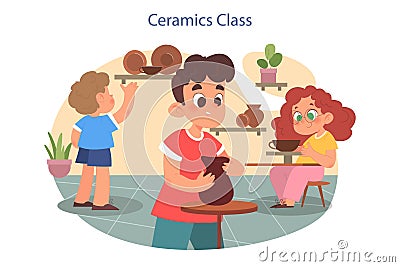 Ceramic and pottery art class. Kids sculpting and creating pottery on potters Vector Illustration