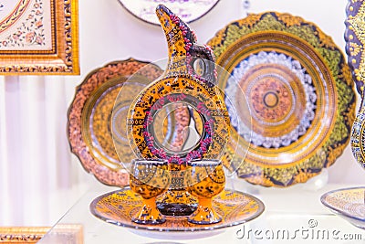 Turkish handmade ceramics, plates, wine bottles and glasses Stock Photo