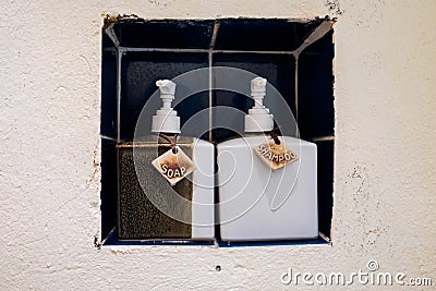 Ceramic Soap and Shampoo Bottles Stock Photo