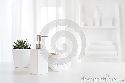Ceramic soap, towel, copy space on blurred white spa background Stock Photo