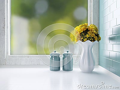 Ceramic tableware on the worktop Stock Photo