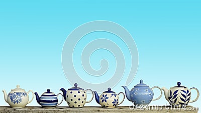 Ceramic teapot with blue pastel wall background. Stock Photo