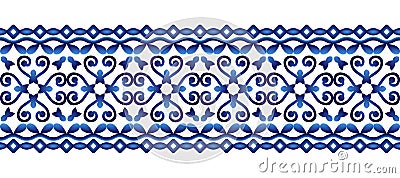 Ceramic tile border pattern. Islamic, indian, arabic motifs. Damask border seamless pattern. Porcelain ethnic bohemian background Vector Illustration