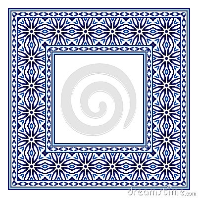 Ceramic tile border pattern. Islamic, indian, arabic motifs. Damask border seamless pattern. Porcelain ethnic bohemian background Vector Illustration