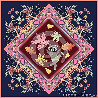 Ceramic tile with cute cartoon animal on beautiful ornamental frame Vector Illustration