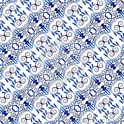 Ceramic tile pattern. Islamic, indian, arabic motifs. Damask sea Vector Illustration