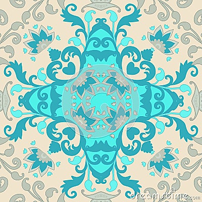 Ceramic tile. Portuguese, moroccan, spanish, indian motives. Abstract paisley and flowers ornament. Pattern for pillowcase Vector Illustration