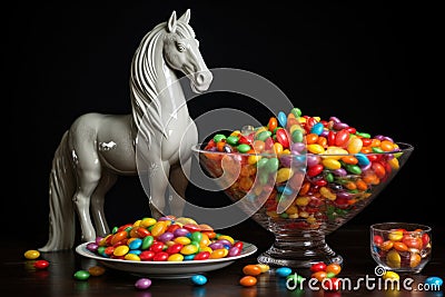 ceramic unicorn near a dish of assorted jelly beans Stock Photo