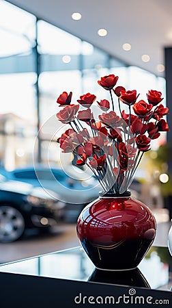 Ceramic vase holds fake red flowers on a glass table, showroom elegance. Stock Photo