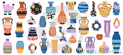 Ceramic vases. Porcelain ceramic vase, minimalist antique pottery isolated hand drawn vector illustration set Vector Illustration