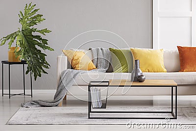 Ceramic vases on simple wooden coffee table in stylish living room with big comfortable couch with colorful pillows, real photo wi Stock Photo