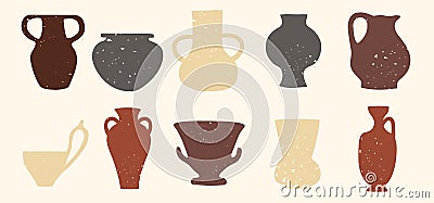 Ceramic vases of various shapes. Antique ceramics with a stamp texture Vector Illustration