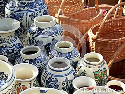 Ceramic vases and willow basket Stock Photo