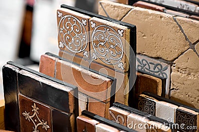 Ceramic vintage tiles collection close-up Stock Photo