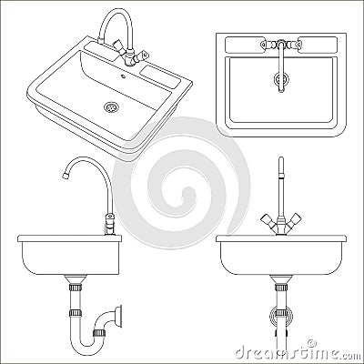 Ceramic white sink for the kitchen. Black and white vector illustration, side view, top, front and general view Vector Illustration