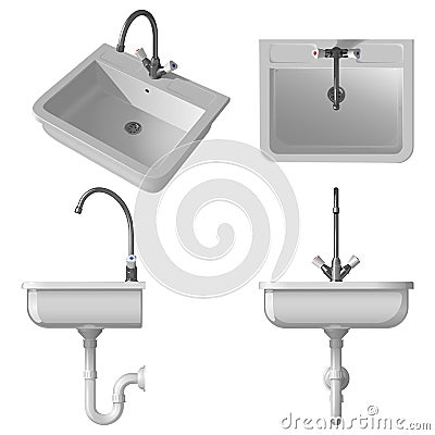 Ceramic white sink for the kitchen. Vector illustration, side view, front view, top view and general view Vector Illustration