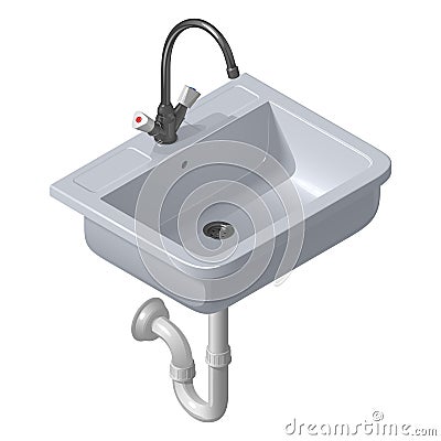 Ceramic white sink for the kitchen. Vector isometric illustration. Vector Illustration