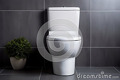 Ceramic white toilet bowl near a grey wall Stock Photo
