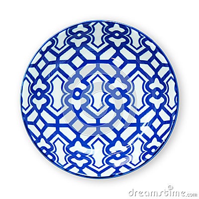Ceramics decorative plates, Blue and white pottery plate, View from above isolated on white background with clipping path Stock Photo
