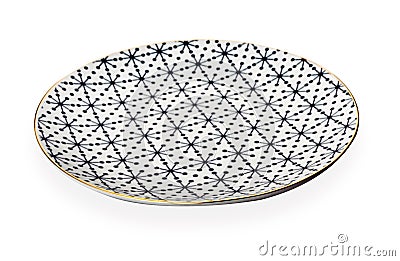 Ceramics decorative plates, Plate with geometric pattern and gold rim, isolated on white background with clipping path, Side view Stock Photo