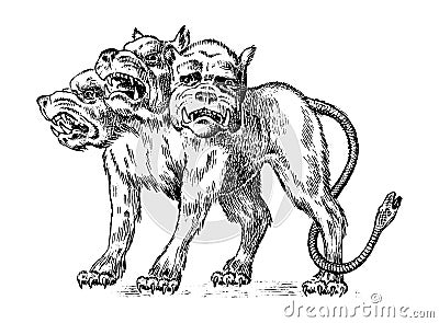 Cerberus three headed dog. Mythical Greek antique monster. Mythological animal. Fantastic creatures in the old vintage Vector Illustration