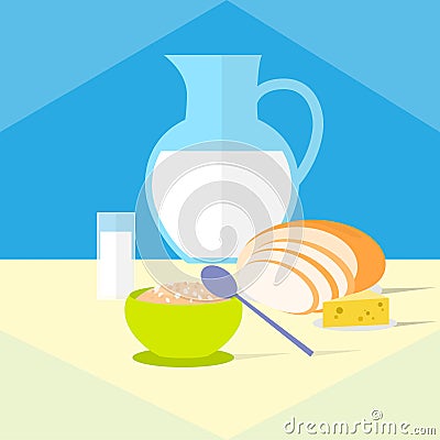 Cereal bowl milk bread cheese healthy food Vector Illustration