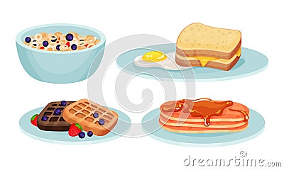 Cereal in Bowl and Waffle with Berries Served on Plates Vector Set Vector Illustration