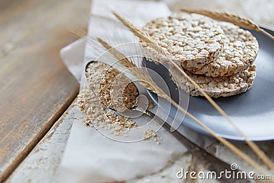 Cereal bread on vintage wooden table. Top side view with copy space. Selective focus Stock Photo