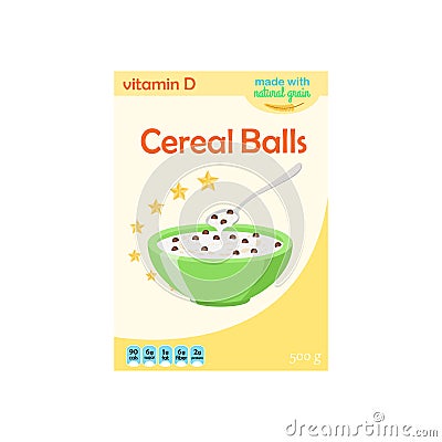 Cereal chocolate balls in box. Milk, oatmeal breakfast. Flat style. Vector Illustration