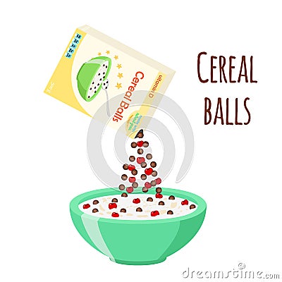 Cereal chocolate balls with cherry. Milk, oatmeal breakfast. Flat style. Vector Illustration