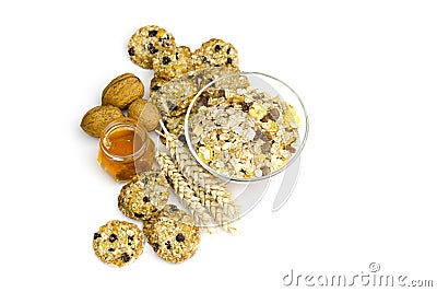 Cereal cookies, muesli, honey and nuts Stock Photo