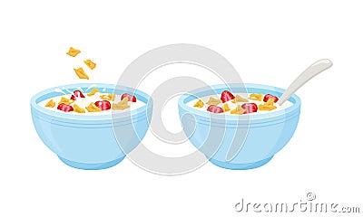 Cereal flake milk breakfast. Rolled oats bowl with strawberry. Oatmeal breakfast cup. Vector Cartoon Illustration
