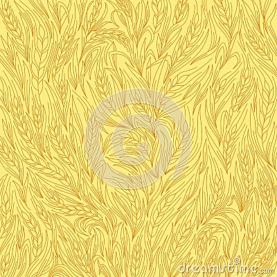 Cereal plants grass pattern beige color background. Bread wrapper. Ears of wheat. Agriculture grain straw. Contour line Vector Illustration
