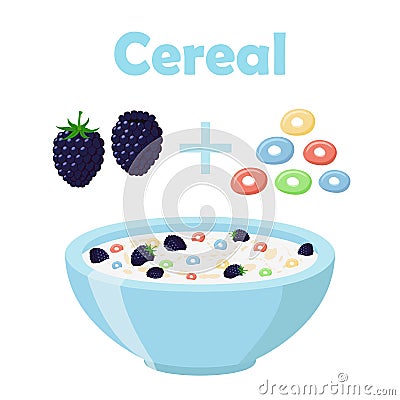 Cereal rings, blackberry with bowl. Organic oatmeal breakfast with milk Vector Illustration