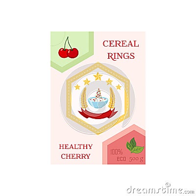 Cereal rings box, cherry with bowl. Oatmeal breakfast with milk Vector Illustration