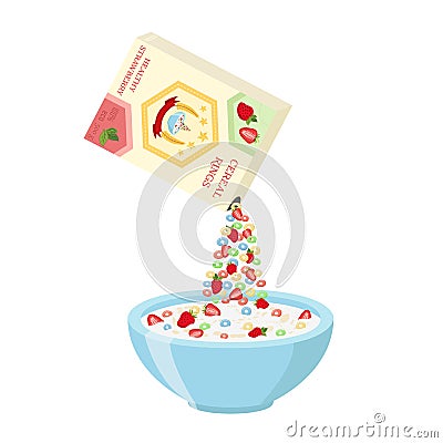 Cereal rings box, strawberry with bowl. Oatmeal breakfast with milk Vector Illustration