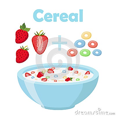 Cereal rings, strawberry with bowl. Organic oatmeal breakfast with milk Vector Illustration