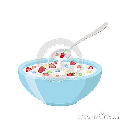 Cereal rings, strawberry, spoon and bowl. Oatmeal breakfast with milk Vector Illustration