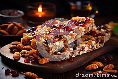 Cereal superfood energy bars with almond nuts, dry fruits, raisins chocolate. Generative AI Stock Photo