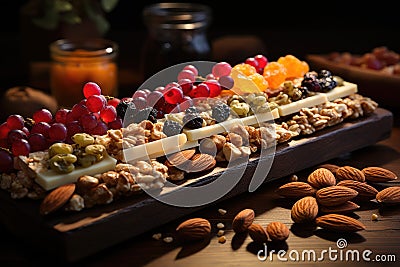 Cereal superfood energy bars with almond nuts, dry fruits, raisins chocolate. Generative AI Stock Photo