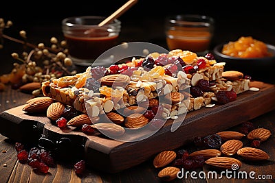 Cereal superfood energy bars with almond nuts, dry fruits, raisins chocolate. Generative AI Stock Photo