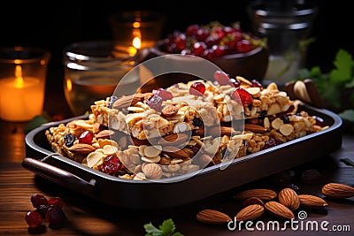 Cereal superfood energy bars with almond nuts, dry fruits, raisins chocolate. Generative AI Stock Photo