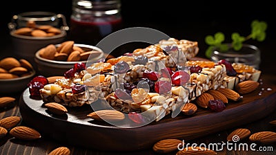 Cereal superfood energy bars with almond nuts, dry fruits, raisins chocolate. Generative AI Stock Photo