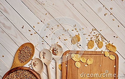 cereals in a bag corn flakes wooden board spoon food Stock Photo