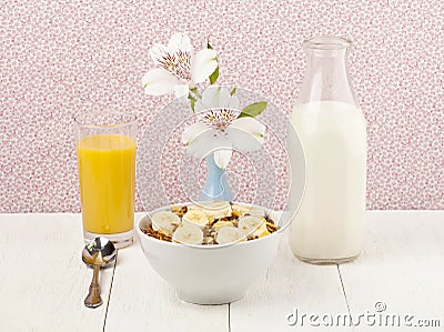 Cereals with banana juice and milk Stock Photo