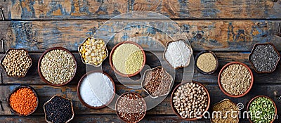Cereals, grains, beans and seeds. Gluten-free concept. Healthy food. Top view. Copy space Stock Photo