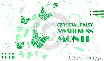 Cerebral Palsy Awareness Month in March. Green leaves are falling, butterflies Vector Illustration